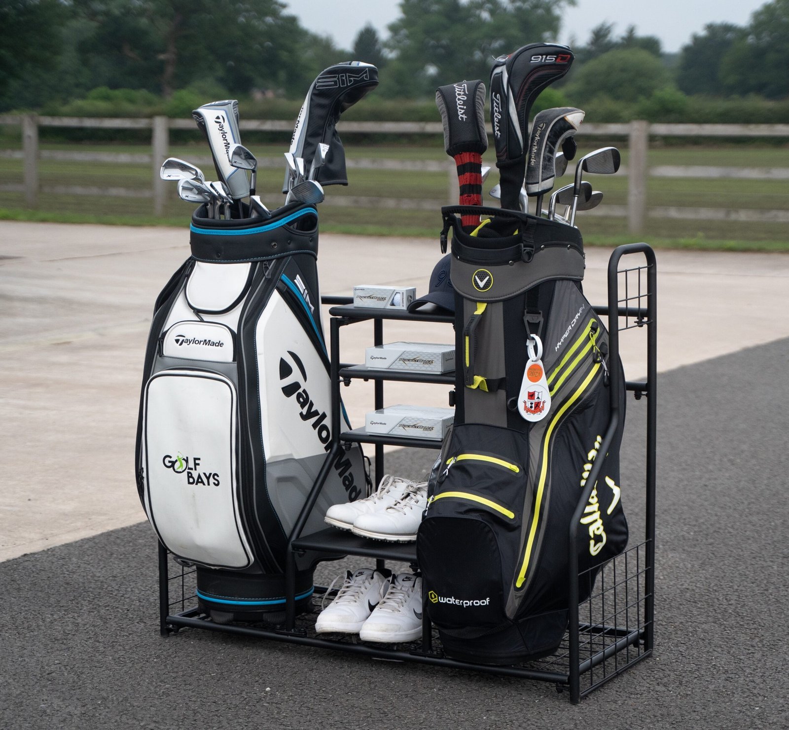 GolfBays Dual Golf Bag Storage Organizer - golf equipment storage