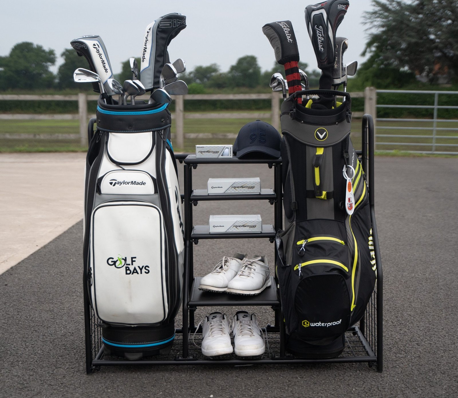 GolfBays Dual Golf Bag Storage Organizer - golf bag rack