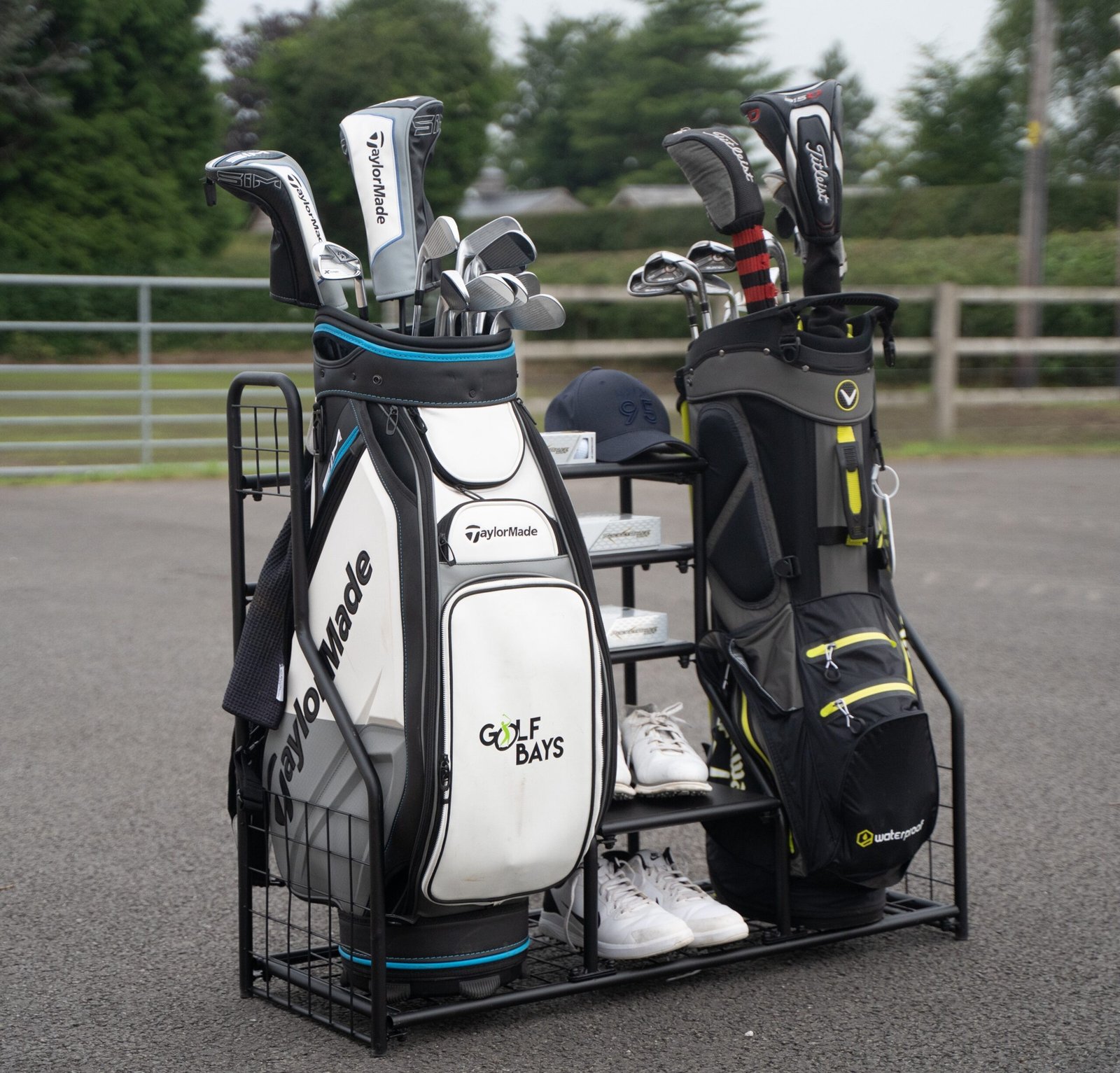 GolfBays Dual Golf Bag Storage Organizer - golf bag rack